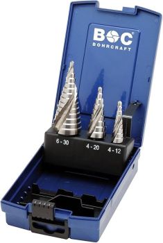 STEP DRILL HSS-E CO5. SPIRAL-FLUTE IN ABS-BOX 3-PCS. GR. 1 / 2A / 3A / STB3 KS-CO BOHRCRAFT