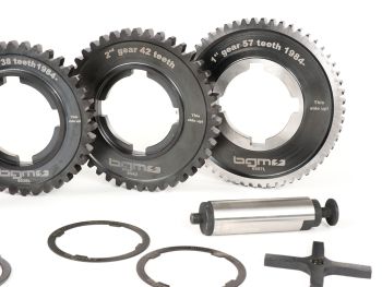 Gearbox (gear cogs only) -BGM PRO- Vespa PX EFL, Disc, My, 2011 (1984-) - PX125 (VNX2T 232053-, ZAPM), PX150 (VLX1T 624602-, ZAPM), PX200 (VSX1T 315267-), Cosa, T5 125cc, LML Star 2-stroke, Stella 2-stroke - 12/57, 13/42, 17/38, 21/35 teeth - original rat