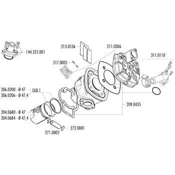 Silindripea jahutusvooliku adapter Polini painutatud versioon Piaggio LC, Peugeot vertikaalne LC jaoks