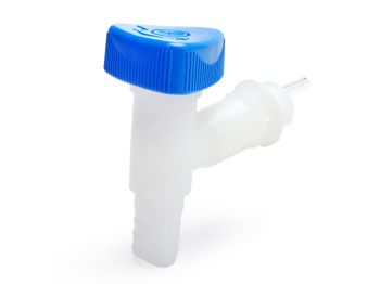 Drain tap for water canister wide neck Hünersdorff Profi 22mm thread, natural (transparent) with blue twist handle