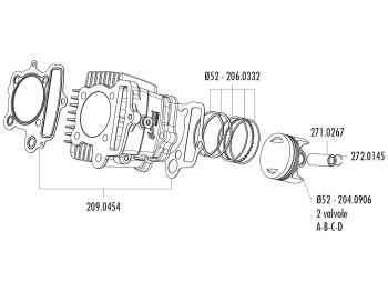 piston kit Polini 107cc 52mm (A) for Polini Minicross, Minimotard 110 XP4T with 2V cylinder head