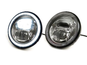 Headlight (chromed reflector) -MOTO NOSTRA- LED HighPower - Ø=143mm (5 3/4) - 12V DC - with E9 mark - for conversion of e.g. Vespa PX, Cosa, Sprint, GTR, Rally